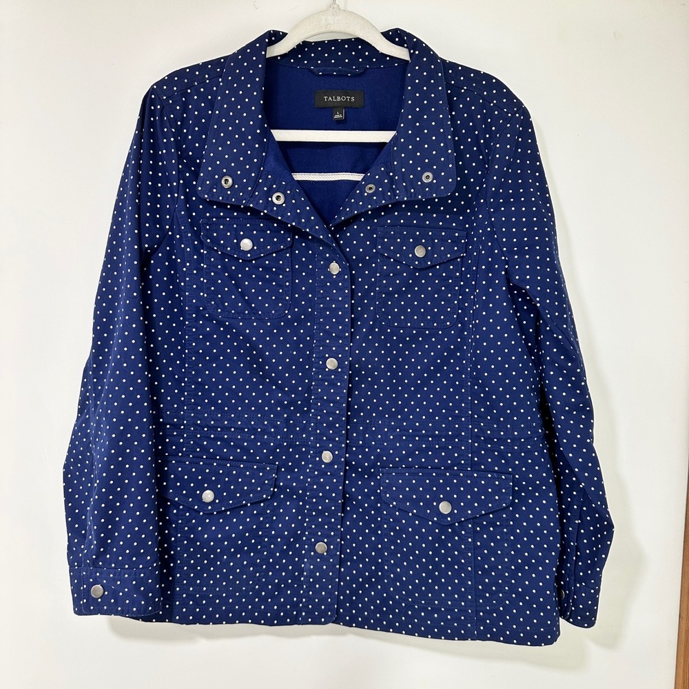 Talbots Polka Dot Utility Jacket Womens Large Navy Blue Snap Front | Classic